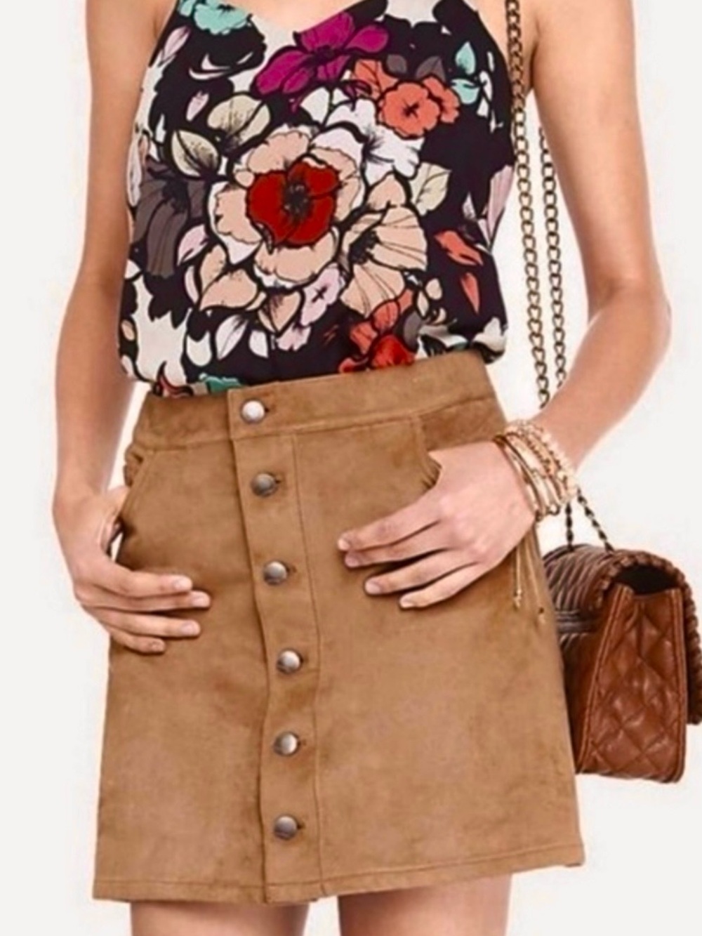 NWOT Express Faux Suede Button-Front Mini Skirt in Camel